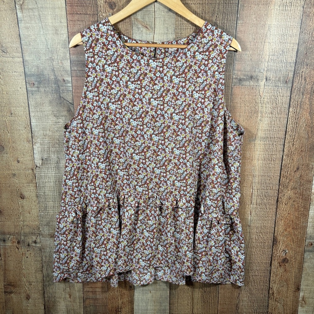 Cotton Bleu Womens 1X Rust Ditsy Floral Sleeveless Peplum Blouse Top Prairie